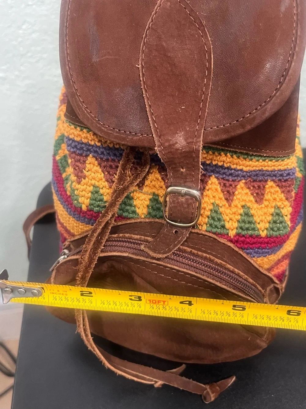 Handcrafted Multicolor Knit & Brown Suede and Leather Women's Small Backpack
